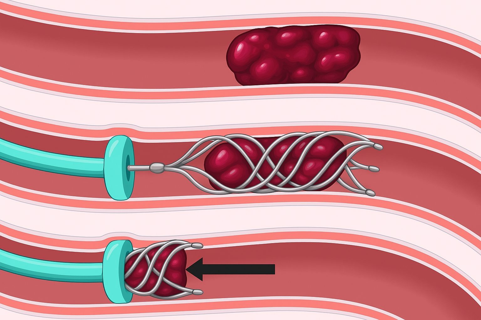 Schéma d'une thrombectomie mécanique : extraction du caillot par stent-retriever